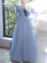 Customized Square Collar Long Sleeve Slim Waist Wedding Party Vestidos Simple Elegant Applique Simple Fairy Prom Dress Mesh Even