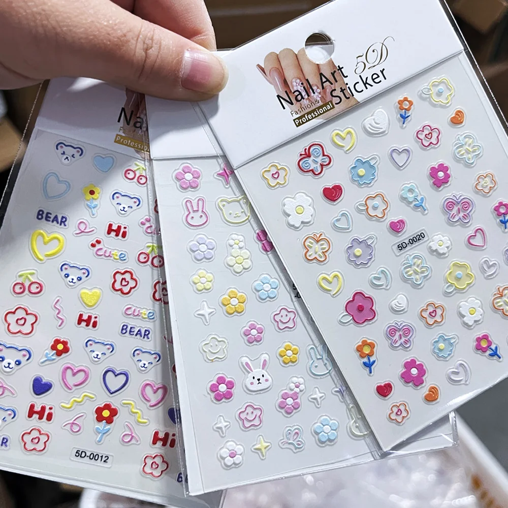 5D Macaron Flower/Butterfly Nail Art Sticker kawaii Embossed Flowers/Bear/Rabbit Cartoon Nail Decal Self-Adhesived Cute Decal