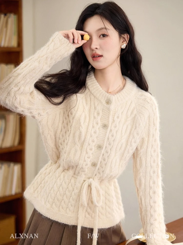ALXNAN-cárdigan de lana de albaricoque para mujer, suéter holgado con cuello redondo, suéter de otoño e invierno, nuevo cárdigan de punto de manga larga para mujer L51903