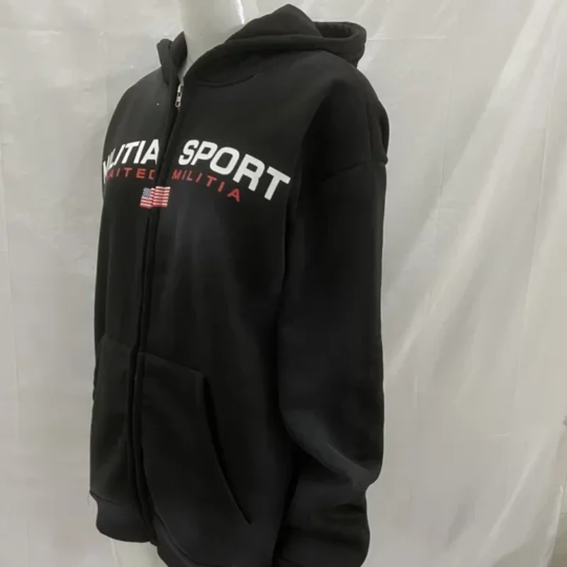 الخريف الشتاء المألوف الشارع فضفاض الترفيه هوديي الرجال الملابس النسائية العلم الأوروبي الأمريكي تصميم رسالة مطبوعة معطف أعلى #2