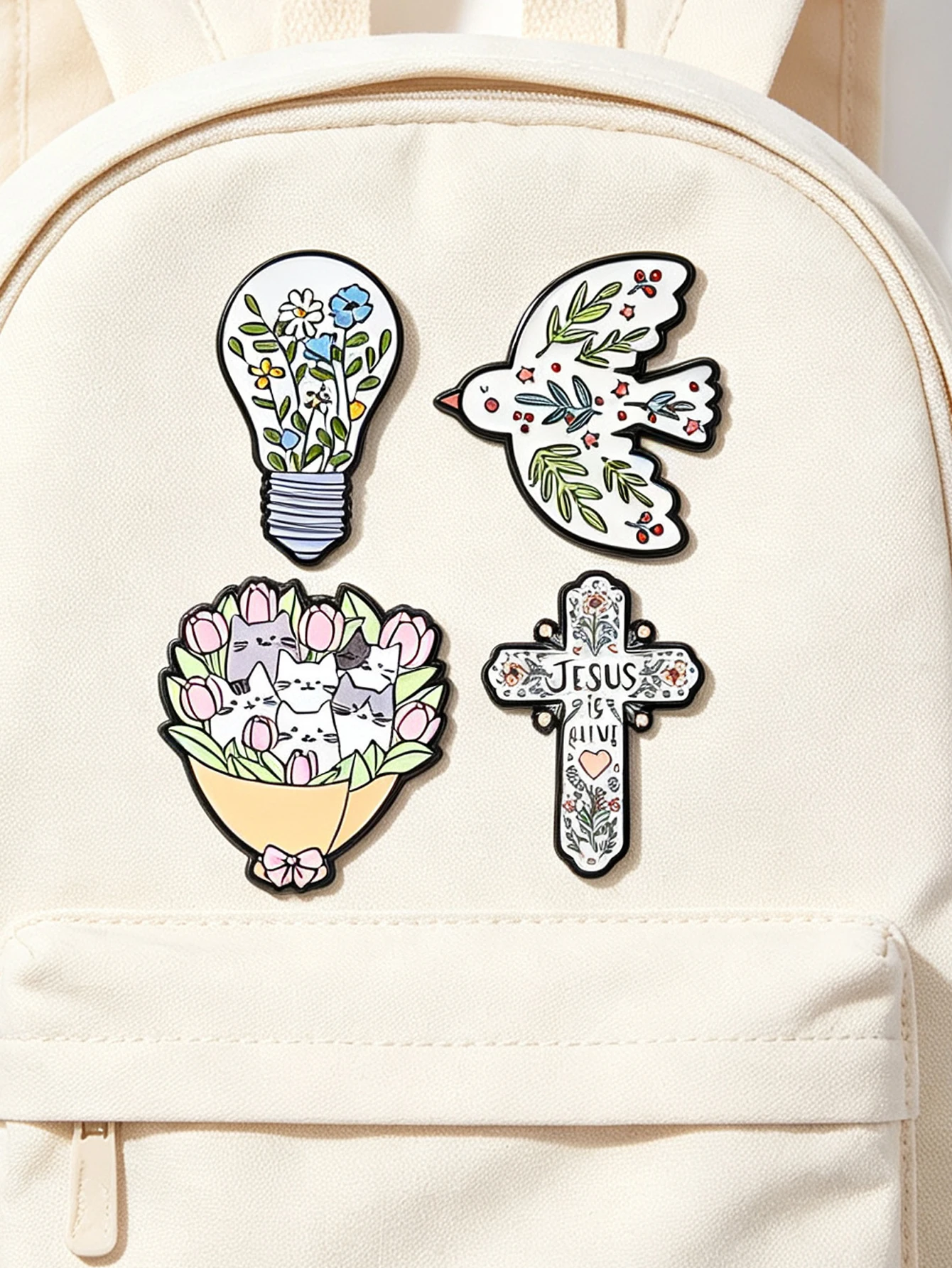 Lot de 4 badges en émail floraux mignons, ampoule florale, colombe de la paix, tulipe, broche croix bouquet de chats, badge religieux Résurrection de Jésus, magnifique badge décoratif pour sac à dos et vêtements