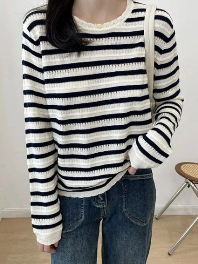 

Slimming Striped Hollow out Design Comfortable Long Sve Knitwear Casual Loose Fit Neline round Korean Sle Commute Faion