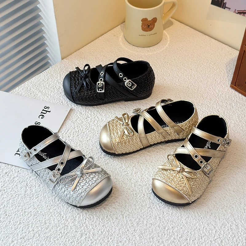 

Kids Strappy Leather Shoes for Girls 2025 New Summer Toddler Princess Shoes with Bowtie Non-slip Retro Kids Party Ballet Flats