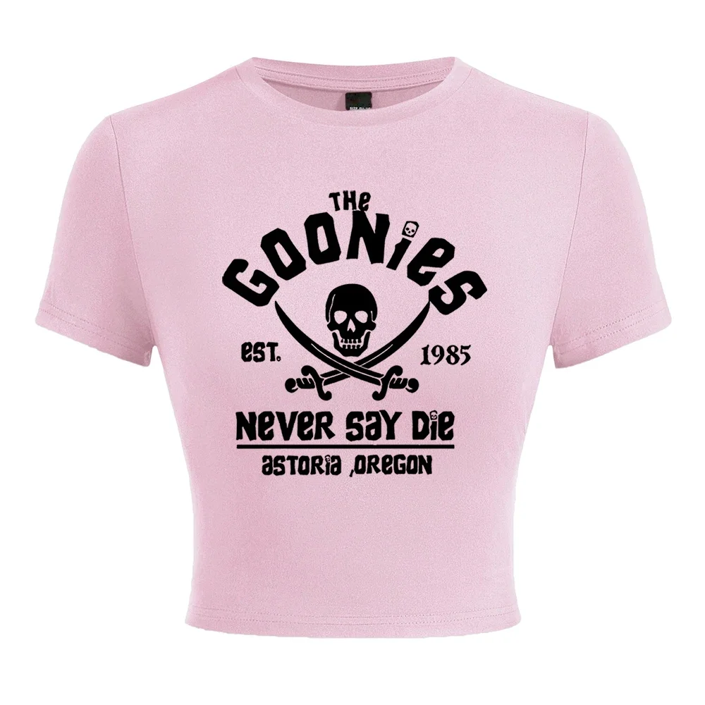 Die Goonies est 1985 sagen nie sterben Frauen T-Shirt Slim Fit Mode T-Shirt Sommer elastische Kleidung eng anliegende coole kurze T-Shirt