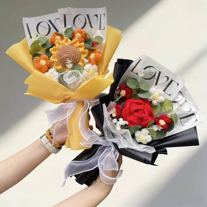 Handgefertigte Fertige Häkelrosen Sonnenblumen Nelken Künstliche Blumensträuße Konservierte Hochzeits-Geburtstags-Abschlussgeschenke – Detail 10