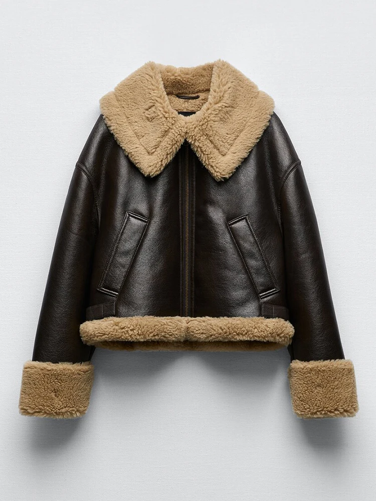 FTLZZ New Winter Thick Faux Leather Fur Sheepskin Coat Women Fashion Lapel Zipper Short Pu Jacket Lady Warm Moto Biker Outwear