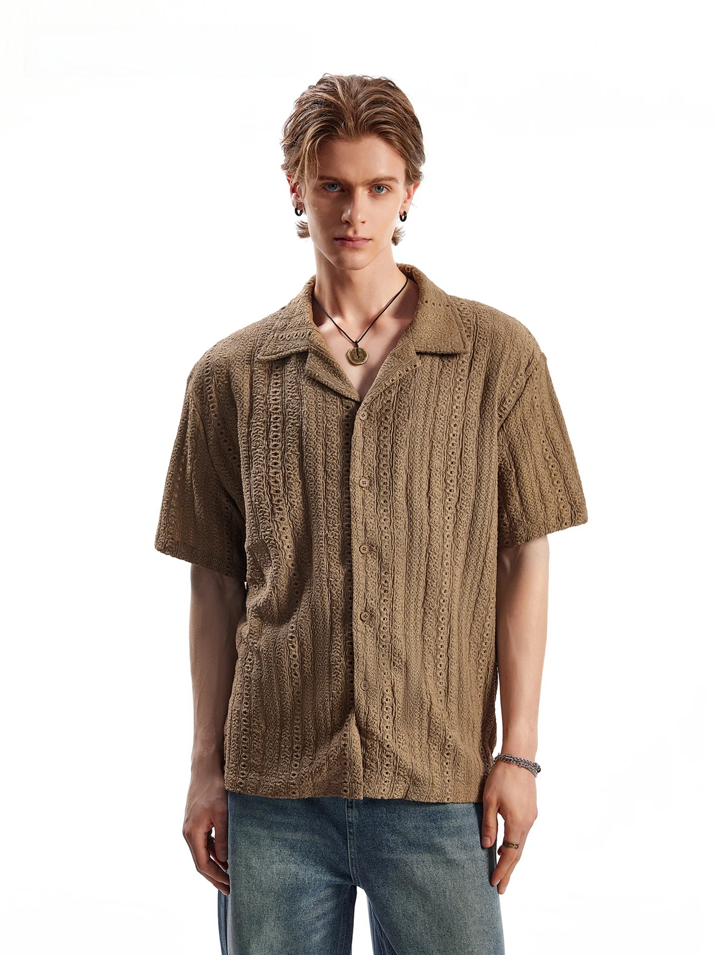 

SDMADE American Retro Hollow Cuban Collar Short Sleeve Men's Shirt Summer New Style Vintage Money Style Upper Apparel