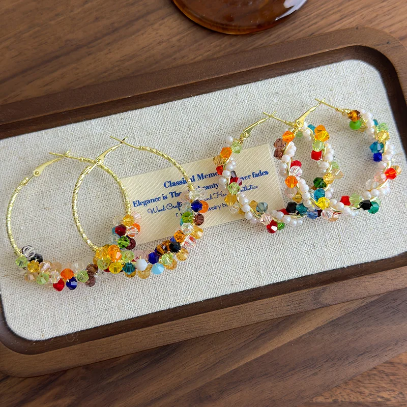 Crystal Beaded Hoop Earrings Colorful Vibrant Pearl Wrapped Luxurious Elegant for Women Beach Vacation Summer Resort