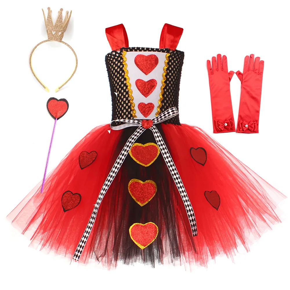 Girls Red Queen of Hearts Costumes Girls Alice in Wonderland Fancy Dress Kids Carnival Halloween Outfit with Crown Magic Stick