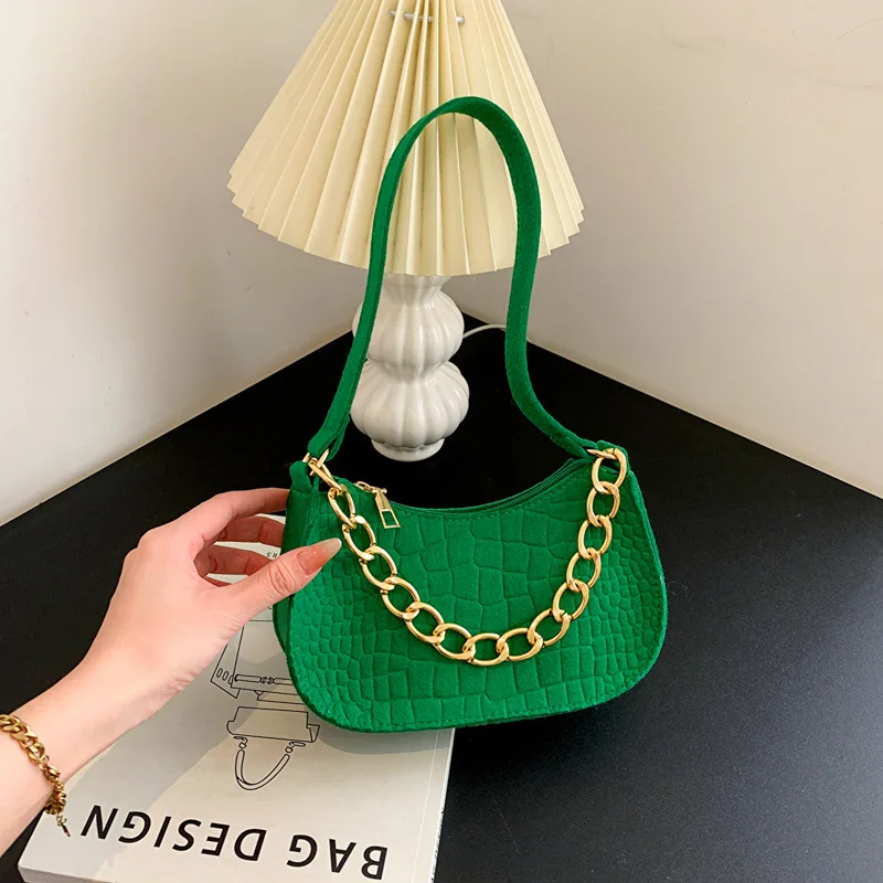 Women Felt Mini Shoulder Bag Underarm Bags Solid Color Casual Handbags with Chain Shoulder Female Purses Lightweight Bag 2023