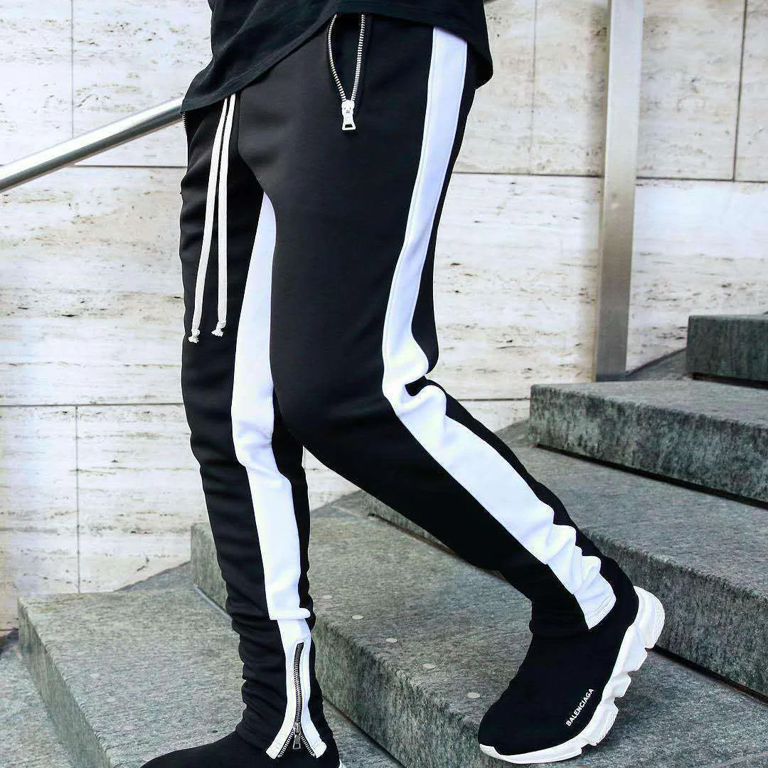   2024 New Sports Casual Pants Low Feet Zip Pocket Cotton Summer Pants Casual Men's Sports Pants Running Pants Splice Stripe Gym