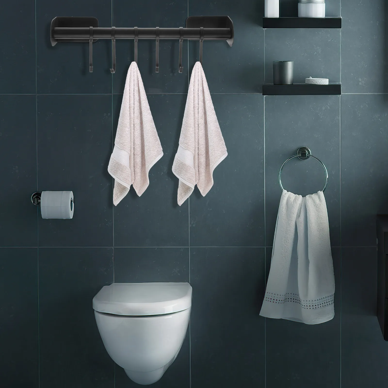 No Punching Kitchen Tool Hanging Rack Wall-Mounted 6-Hook Kitchenware Holder Space-Saving Wall Hook for Kitchen Bathroom Living