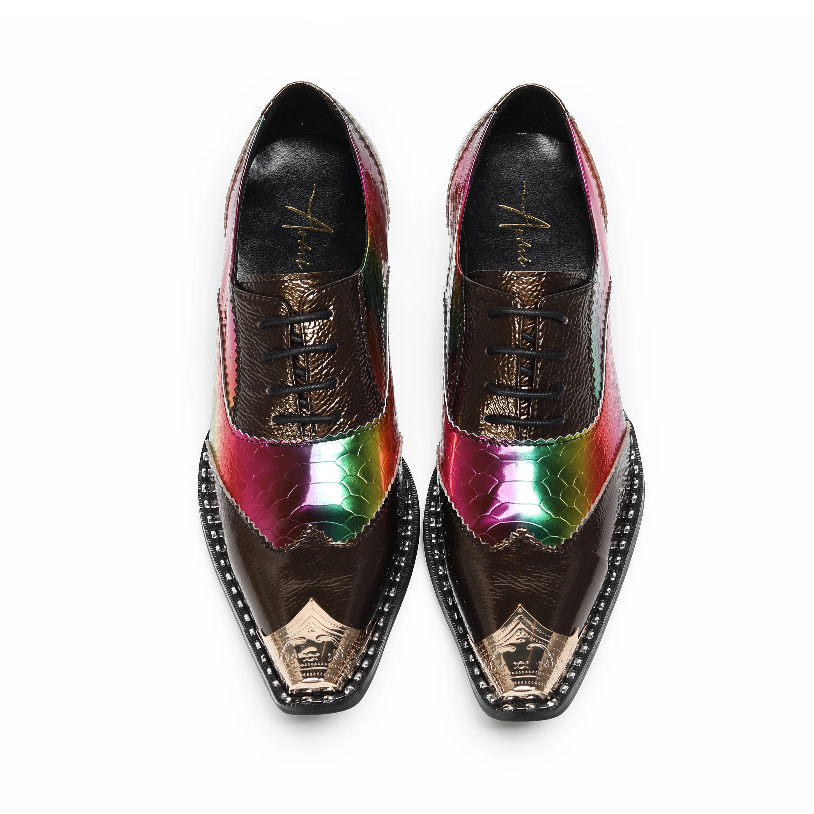Denim-Style Patchwork Genuine Leather Men's Oxford Shoes Colorful Snake Print  Metallic Toe Cap  Low Heel Lace-Up Stage