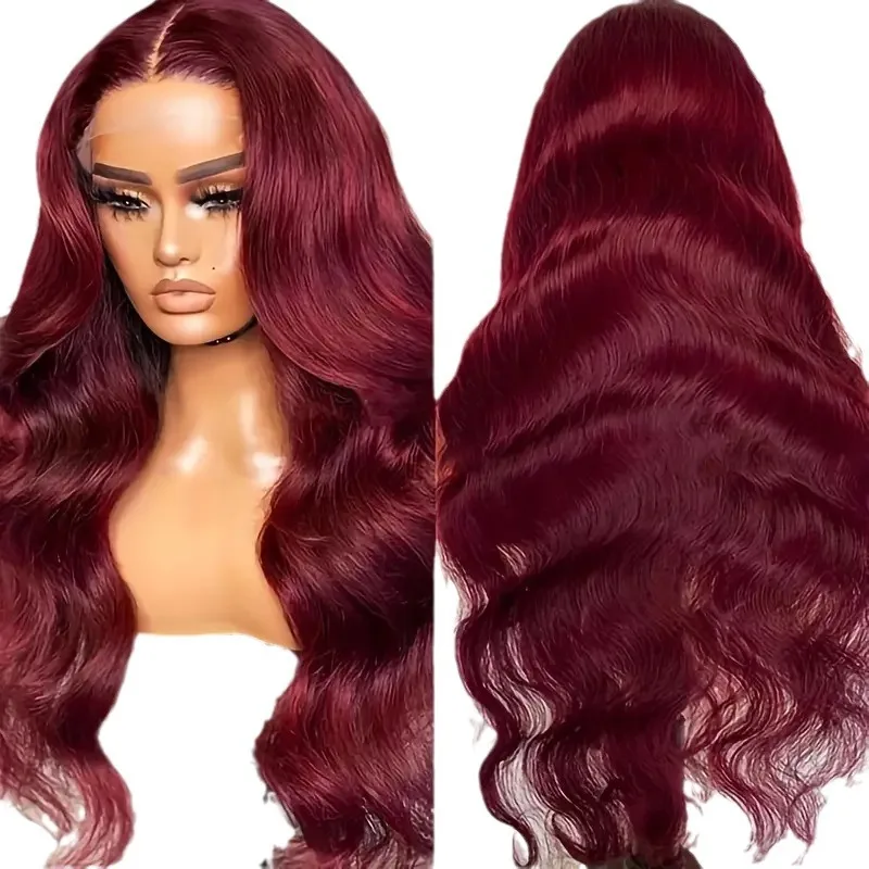 ลดล้างสต๊อก: 99J สีเบอร์กันดีผมหยิกยาว 13x4HD โปร่งใสลูกไม้ด้านหน้าผมสังเคราะห์เหมาะสำหรับผู้หญิงวิกผมหยัก