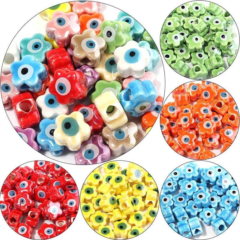 10/20PCS Flower Ceramic Turkish  Beads Flower Round Spacer Beads Porcelain Eye Beads For Jewelry Diy Making Bracelet Accessories