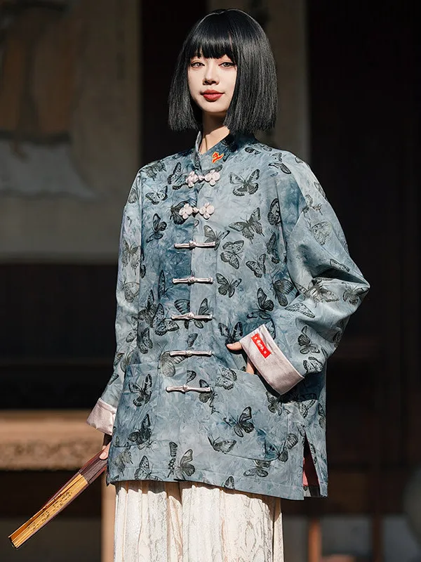 

Мужской традиционный китайский костюм Тан Jaet, весна-осень, длинный све, воротник-стойка с принтом, большой размер, топ на пуговицах