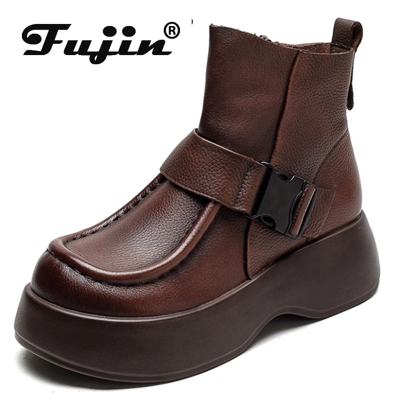 

Fujin 6cm Genuine Leather Punk Big Toe Platform Wedge Thick Sole Motorcycle Ankle Booties for Women Autumn Boots Spring Shoes