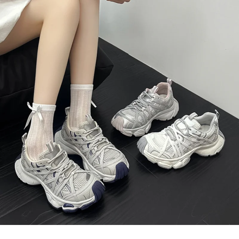 

Women European Sporty Platform Sneakers Korean Fashionable Casual Outdoor Shoes Breathable Mesh Laces Upper Wear-resistant Sole