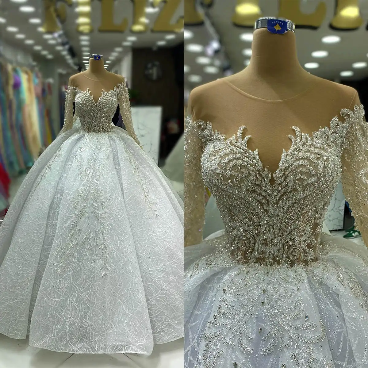 

Princess Ball Gowns Appliques Beaded O Neck Long Sleeve Wedding Dress Sequins Beading Sweep Train Bridal Dresses Custom Made