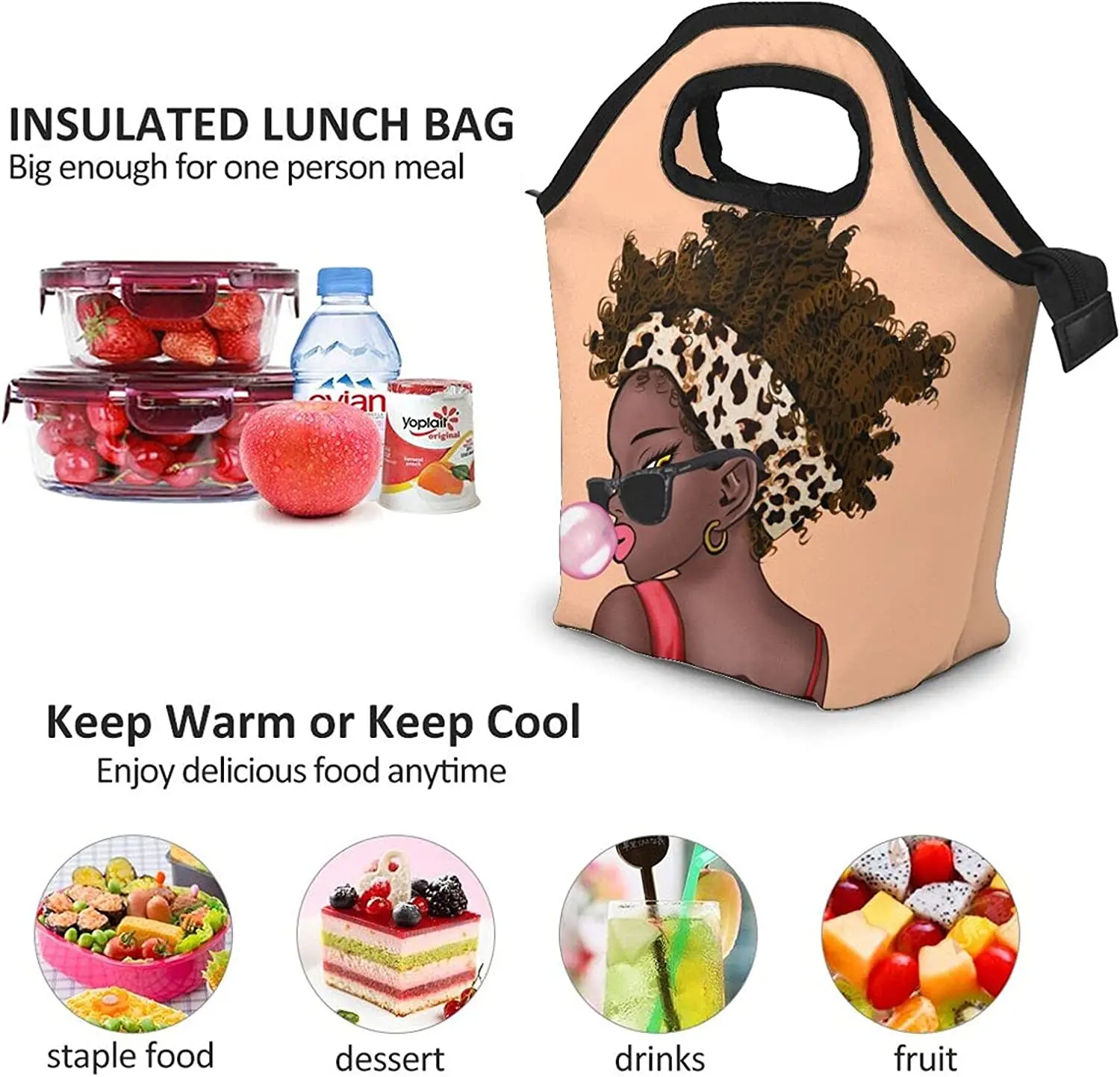 African American Women With Crown Lunch Bag Afro Girls Black Queen Handbag Lunch Kit Insulated Cooler Box For Travel, Picnic