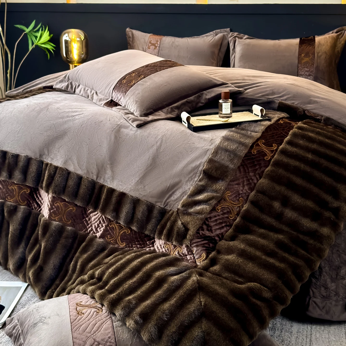 Faux Fur Plush 4 Piece Duvet Cover Bedding Set with Quilted Texture and Pillowcases