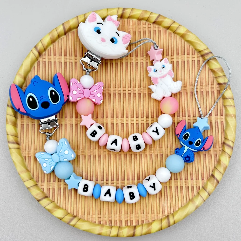 사용자 정의 편지 이름 아기 만화 실리콘 비즈 펜던트 젖꼭지 클립 체인 홀더 Teether 아기 Kawaii 장난감 아기 선물