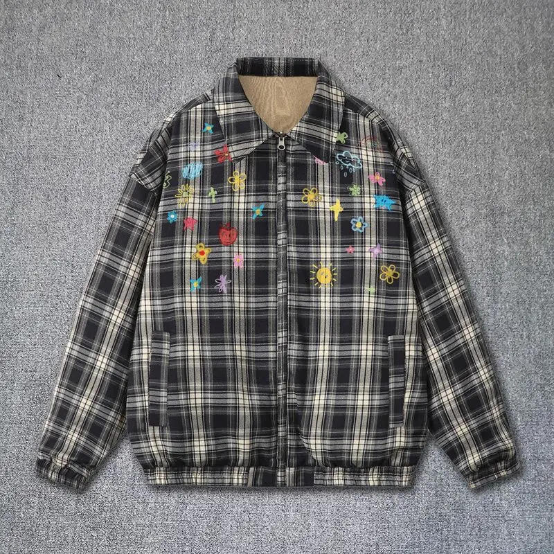 

Streetwear Grid Floral Jacket Men Vintage Bomber Jacket Wear On Both Sides Letter Print Mens Bomber Jackets Club Outfit Men