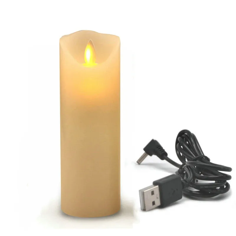 USB powered Rechargeable Led flickering Pillar paraffin Candle wavy edge moving wick Wedding Xmas Party bar Decoration-Amber