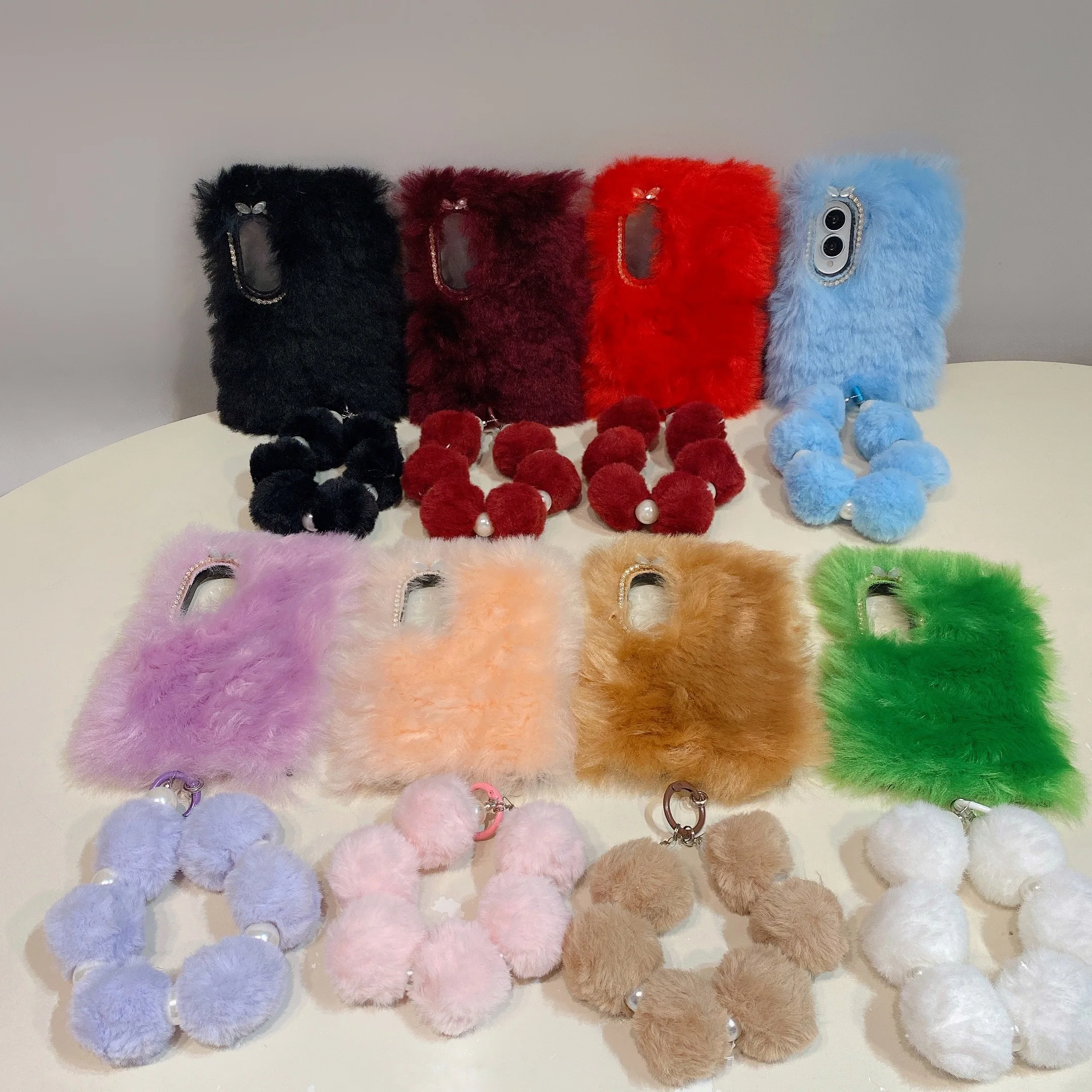 Kawaii Fluffy Faux Fox Fur Phone Case with Cute Bow, Rhinestone Frame, Pom Pom Pearl Wrist Strap for Samsung Galaxy Z Fold 3-8