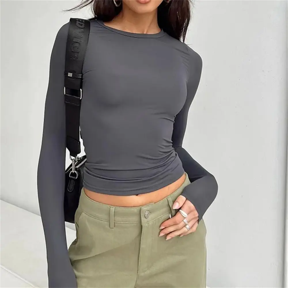 Tees Shirts Long Sleeve Women T-Shirts Pullovers Base Tees Ladies Crop Top Solid Color Crew Neck Slim Fit Tops Daily Street