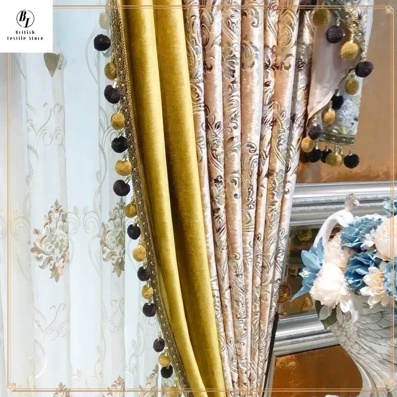 

Retro Luxury Banquet Hall Decor with Gold Tulle Curtains for Living Room Bedroom Dining Custom Size Double Layer Color Matching