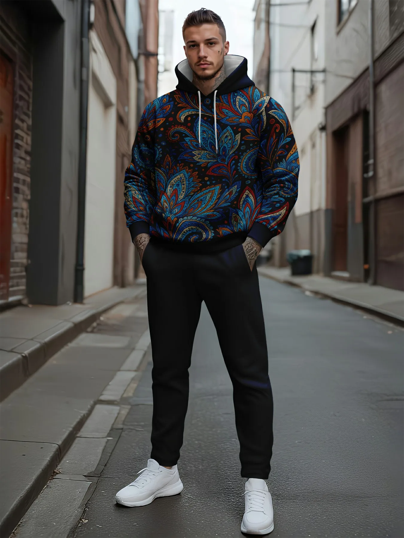 طقم بدلة رياضية من الصوف بطباعة ثلاثية الأبعاد للرجال، سويت شيرت كاجوال فضفاض بقلنسوة، موضة جديدة دافئة #1