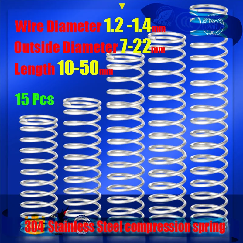 304 aço inoxidável Return Compression Spring, pequena Rust Resistant Return Spring, 1.2-1.4mm, 15Pcs
