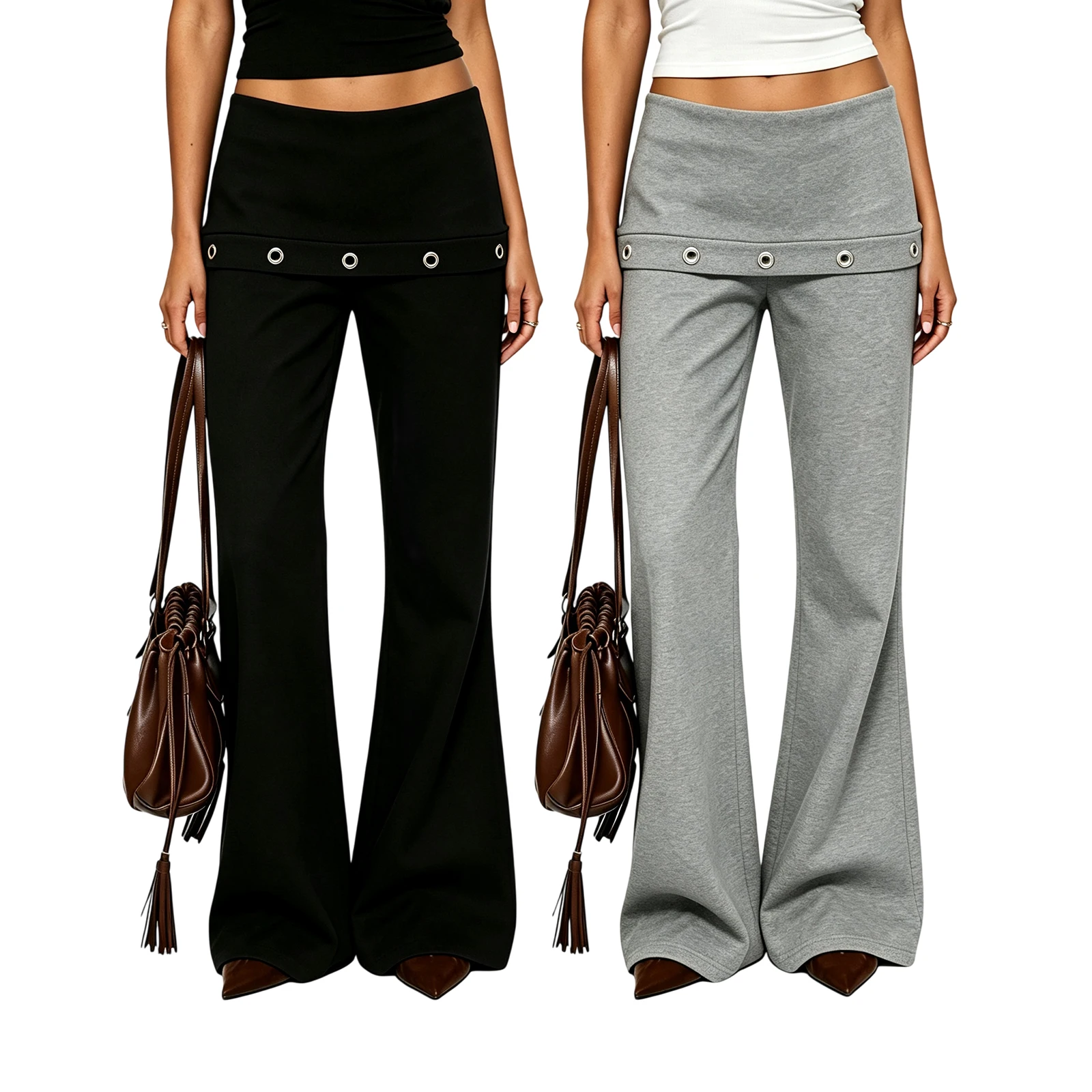 2027 Early Autumn Women's Sexy Solid Flare Pants Fashion Ladies Fold Over Waistband Trousers with Metal Eyelet