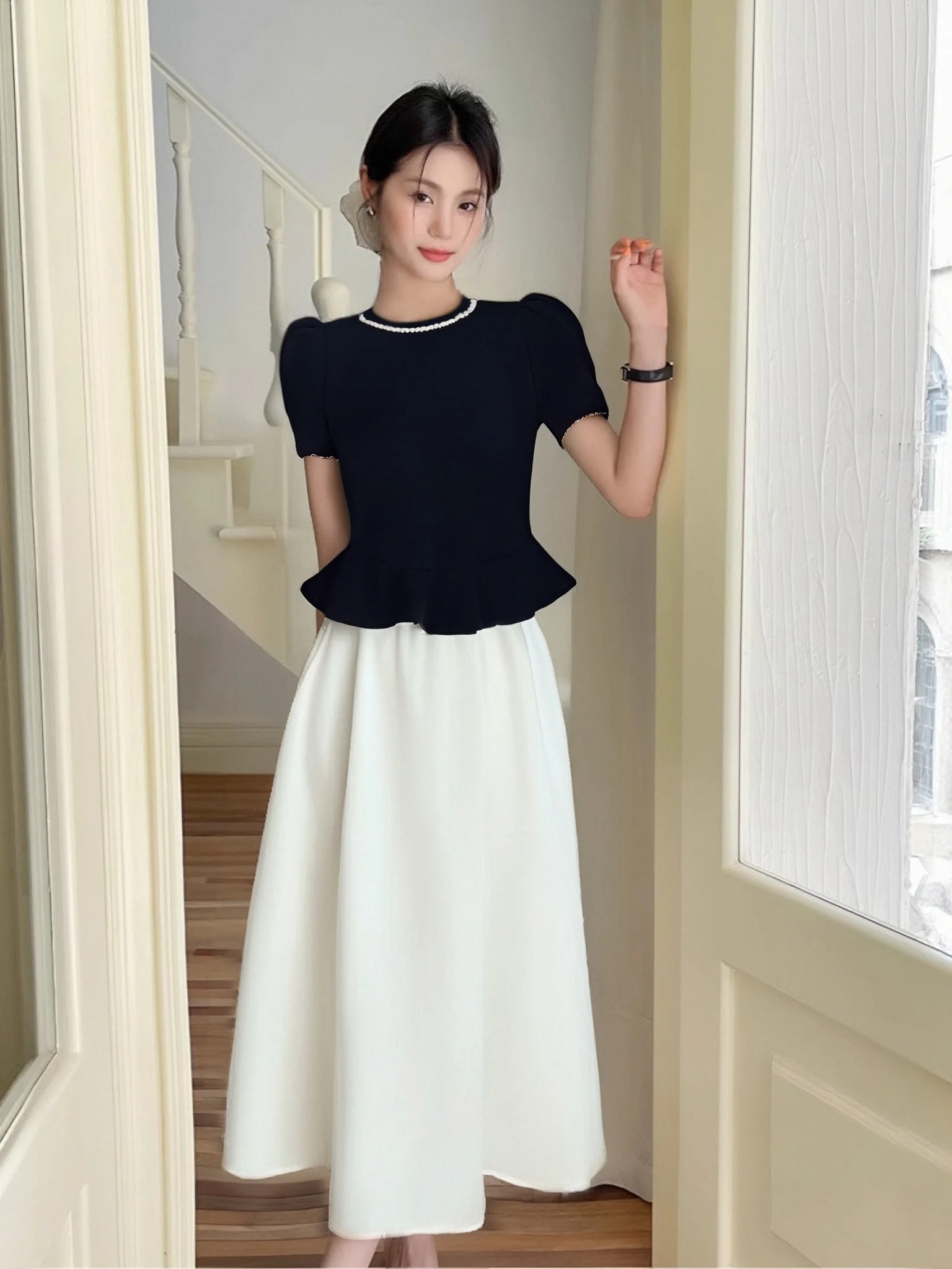 エレファイオンセット 2025春新作 ポリエステル繊維 ロングスリーブ ラウンドネック フレンチスリーブ ツーピーススーツ インナー付き