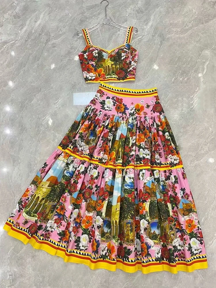 

Retro printed sexy suspender strapless two-piece set for 2025 summer women's wear+high waist loose pleated skirt fashion set