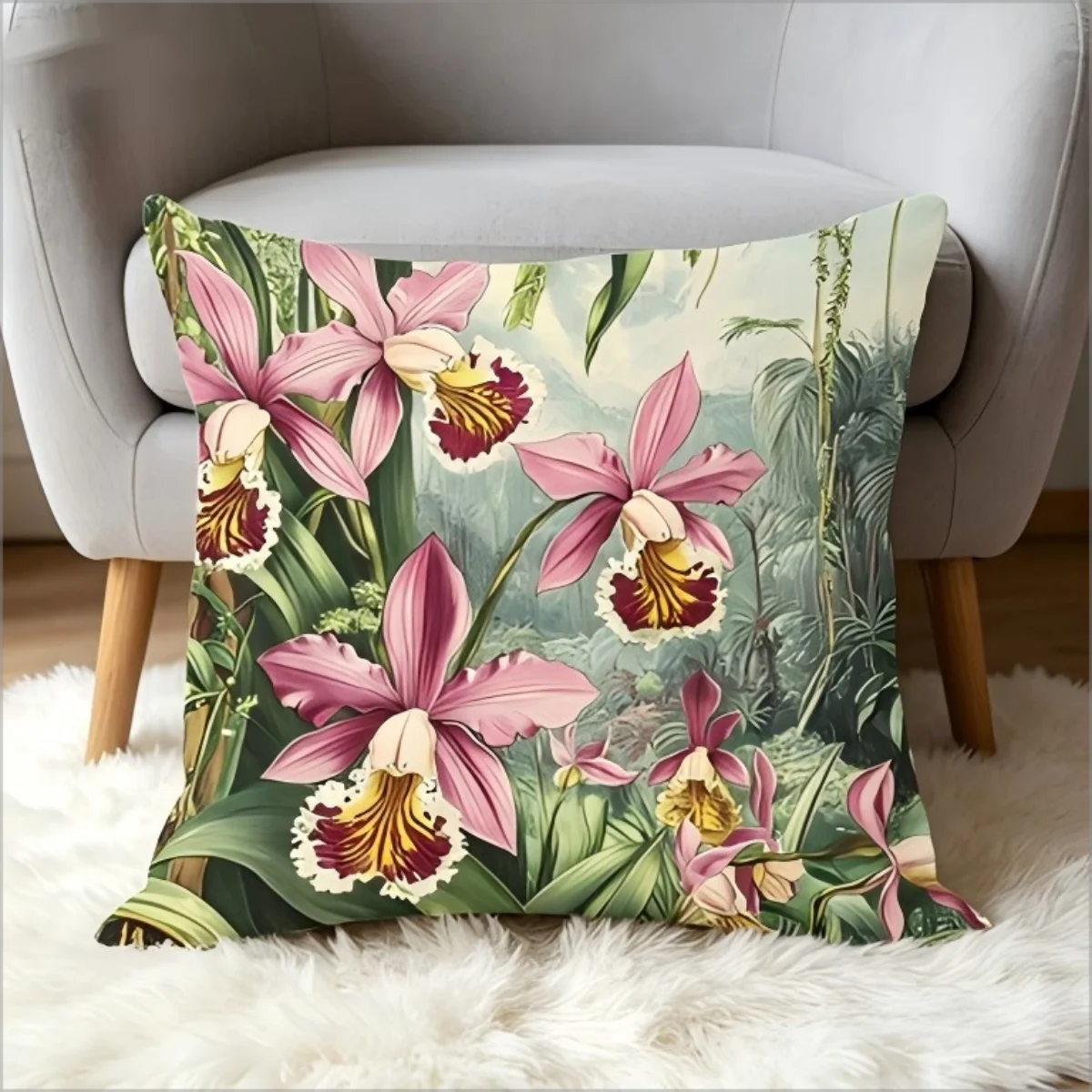 Vintage Tropische Orchidee Botanischer Kissenbezug, Retro Dschungel Regenwald Blumenkunstdruck Dekorativer Kissenbezug für Sofa