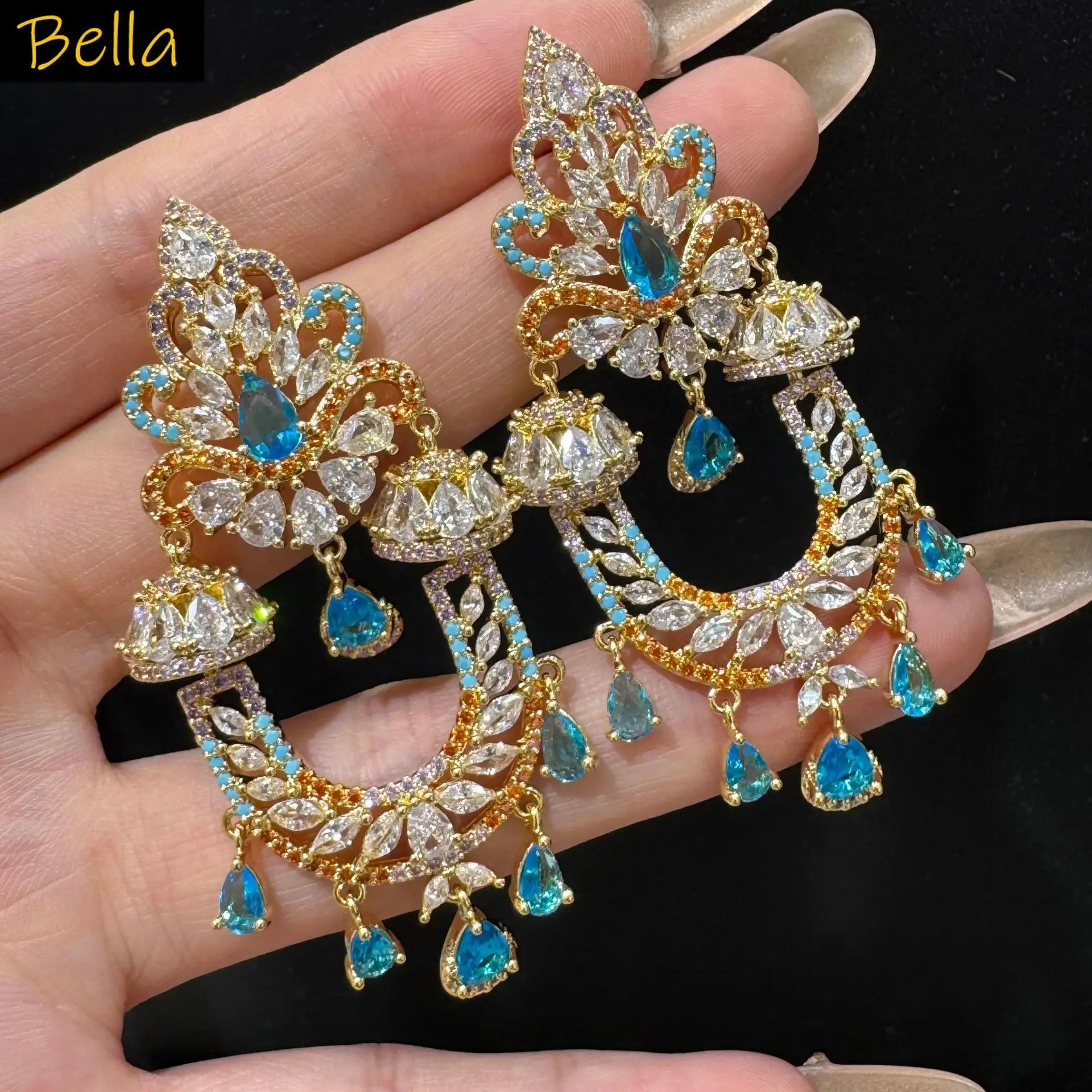 

Luxury Shiny Earrings Women Wedding Bride Dinner Party Silver Gold Color Green Orange Blue Zirconia Flower U Shape Earrings