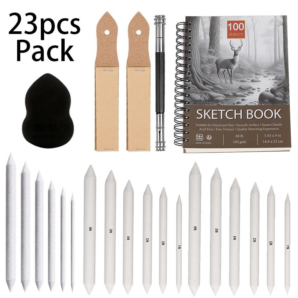 23pcs Sketch Drawing Tool Kit include 18 Blending Paper Stumps, 2 Sketch Sandpaper，1 Pencil Extender, 1 Sketch Sponge, 1 Book