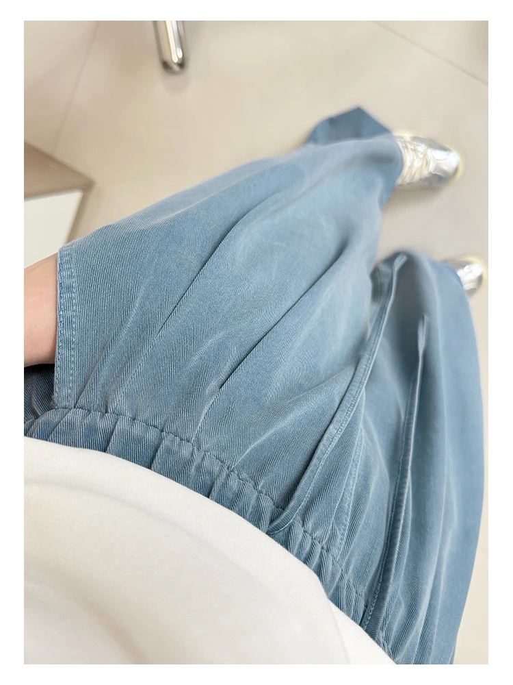 Damen-Jeans mit geradem Bein, Hose aus Lyocell-Stoff mit elastischem Bund, locker geschnittene Hose, schmal geschnittene, weit geschnittene Hose für den Alltag. – Detail 8