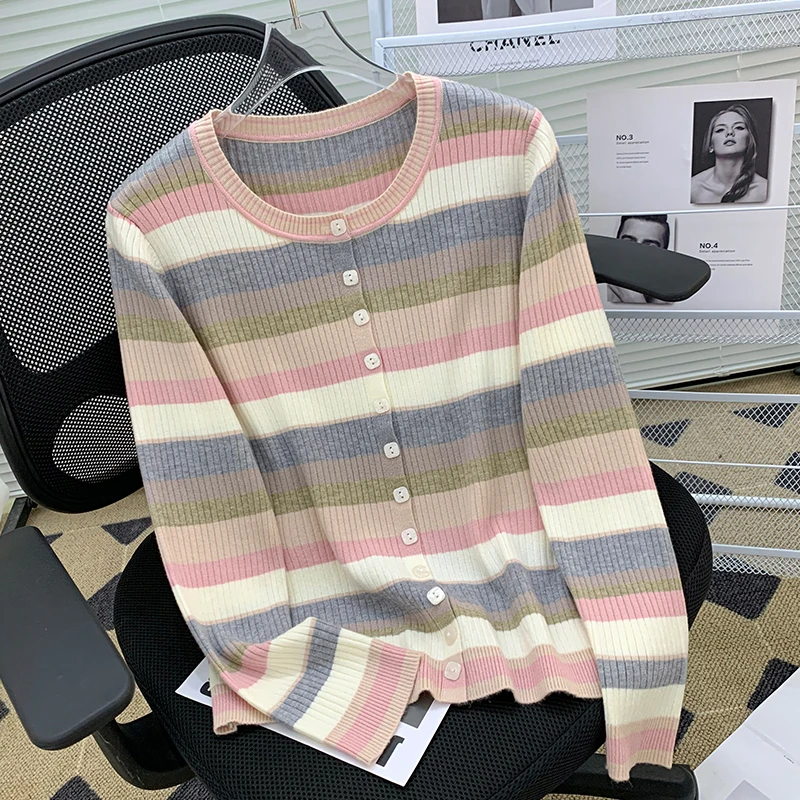 

Rainbow Striped Pullover Sweater Women Spring Fashion Sweet O-neck Knitted Basic Shirt Elegant Single Breasted Slim Fit Top