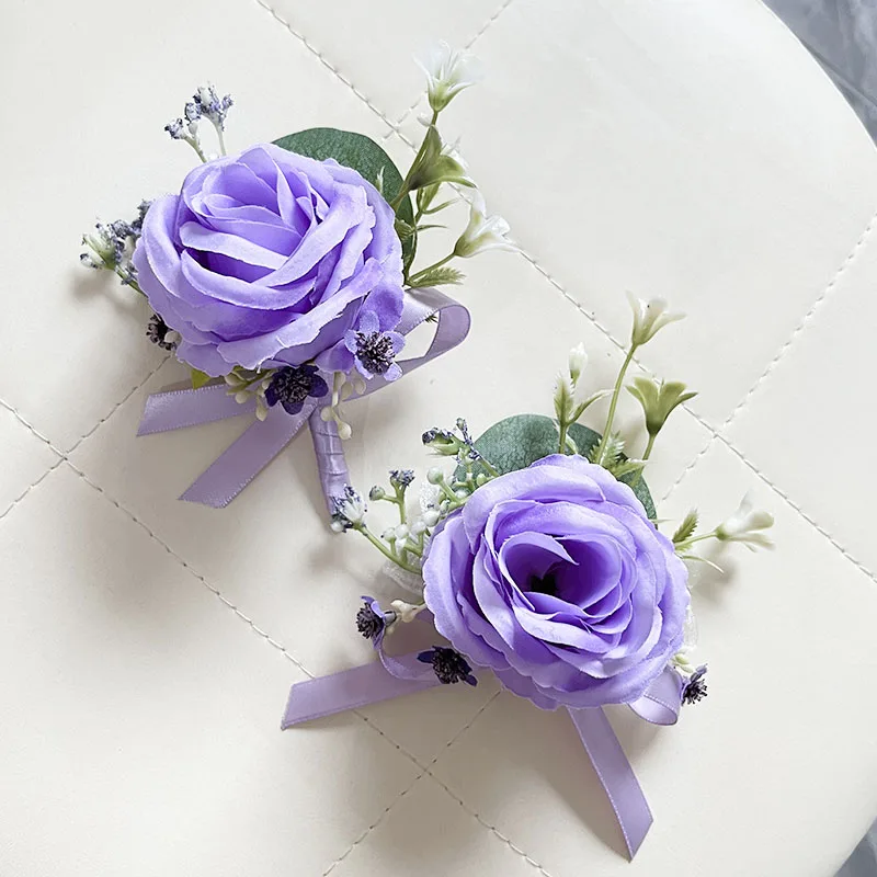 Purple Corsage Boutonniere Wedding Accessories Buttonhole Flowers Girlfriend Lavender Artificial Roses Prom Boyfriend Decoration