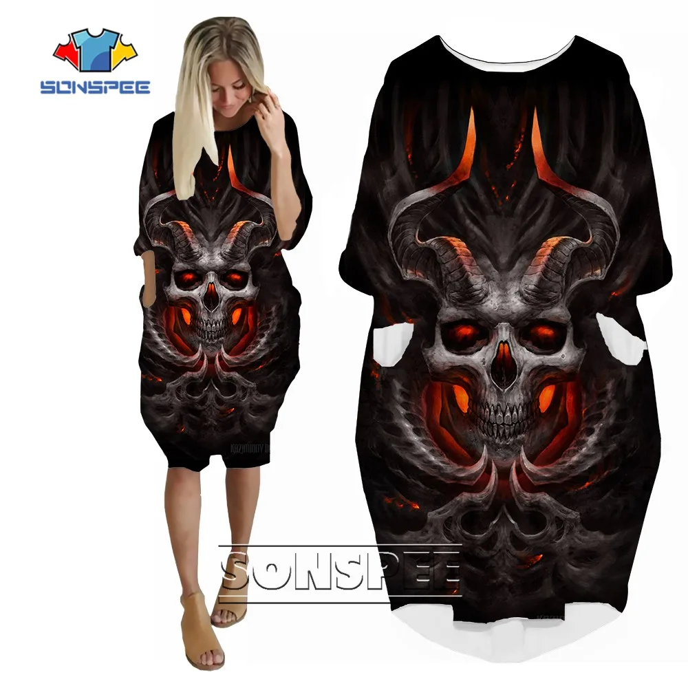 

SONSPEE 2022 New Arrival Cool Body Skull Women's Dress Cool Amazing Designs Custom Casual Loose Long Sleeve Pocket Skirt Female