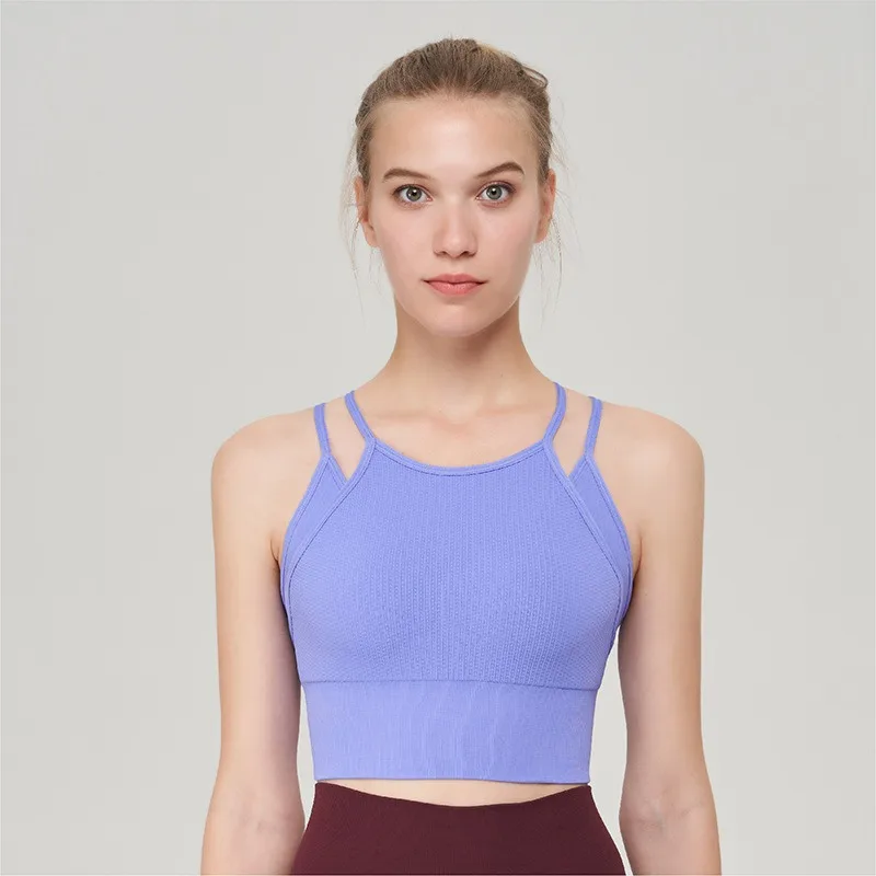 裸のシームレスなクロスバックスポーツブラ、女性用ワイドショルダーストラップ付きフィットネスブラランニング衝撃吸収ヨガベストトップ