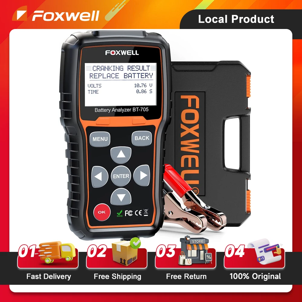 Foxwell BT705 Car Battery Health Analyzer 12V 24V Cranking Charging System Test for Heavy Duty 100-2000CCA Battery Load Tester