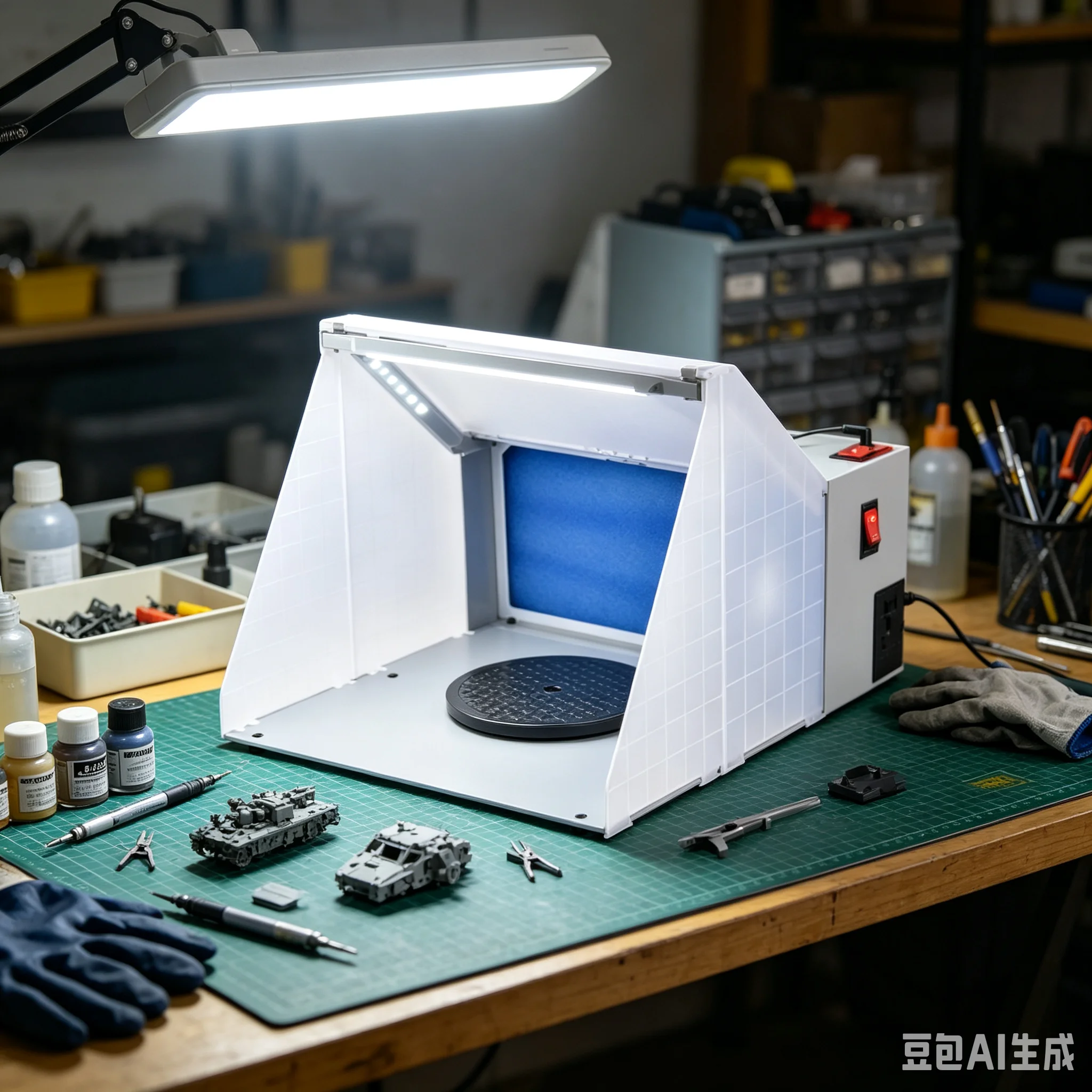220V Model Craft Paint Spray Booth, Wooden DIY Booth with Bright LED & Strong Fan for Artwork Spraying Workspace