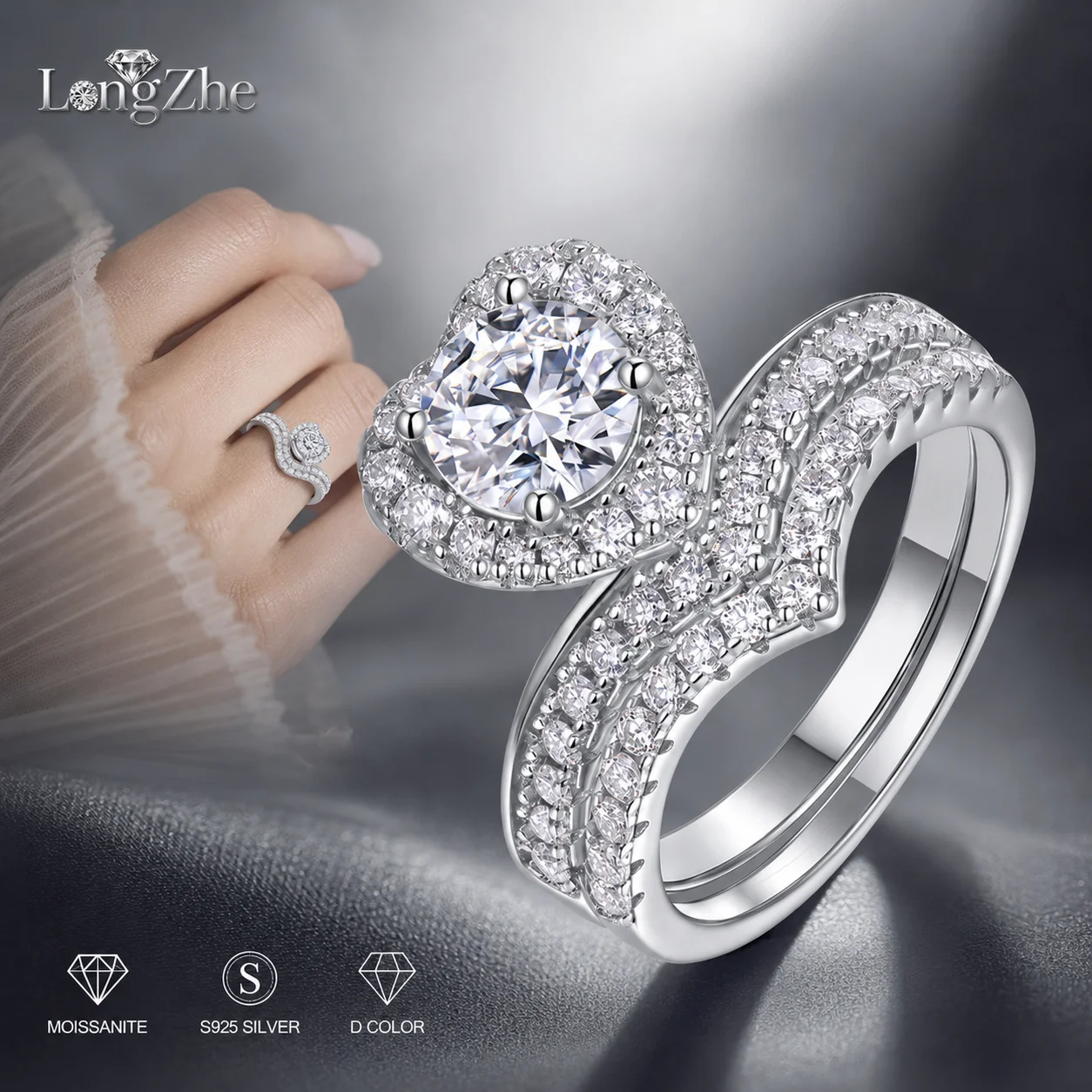 LongZhe Moissanite Ring Set for Women 1CT Wrap Bridal Ring 925 Sterling Silver Halo Engagement Wedding Jewelry Gift