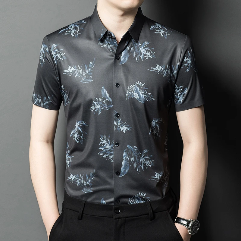 

Lyocell Silk Contain Premium Shirts For Men Short Sleeve Seamless Summer Quality Amazing Silky Print Easy Care Camisas De Hombre