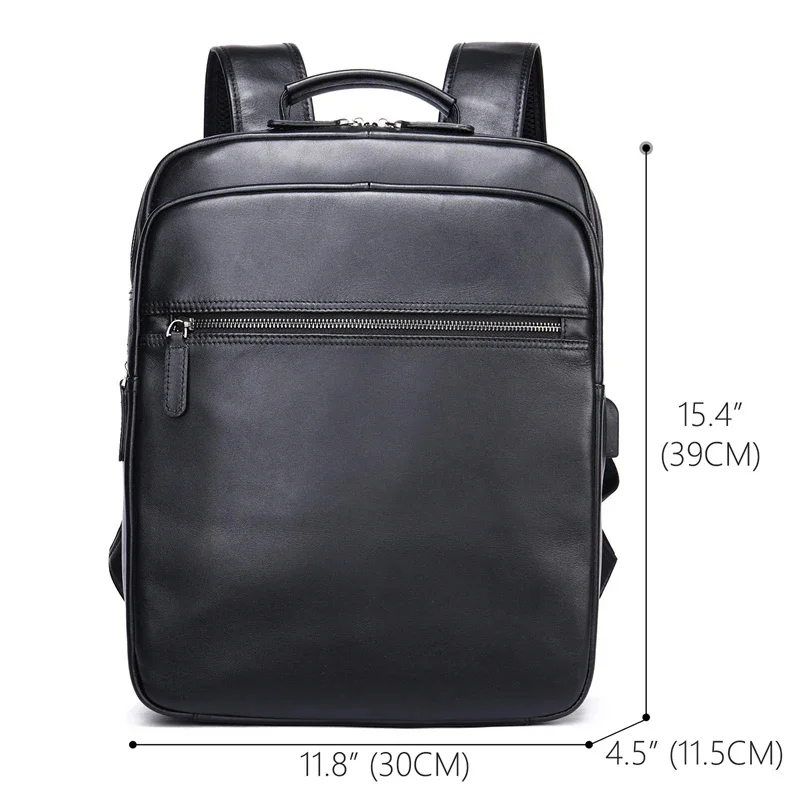 Mochila de cuero de alta capacidad para hombre, bolso de piel de vaca auténtica para ordenador portátil, mochila escolar de 13 y 14 pulgadas, color negro