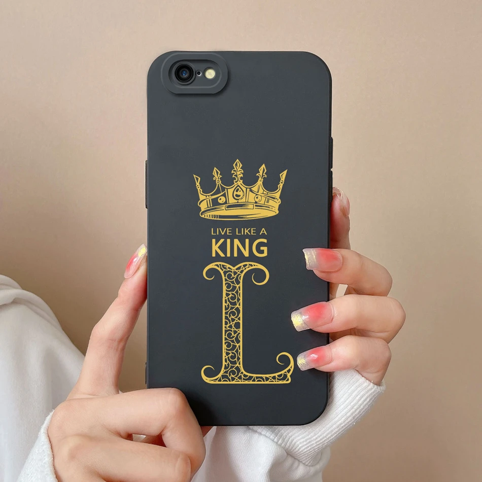 For iPhone 6 Plus Case Soft Original Liquid Silicone Shockproof Back Cover Crown 26 Letter Couple Black and White Gift Housing